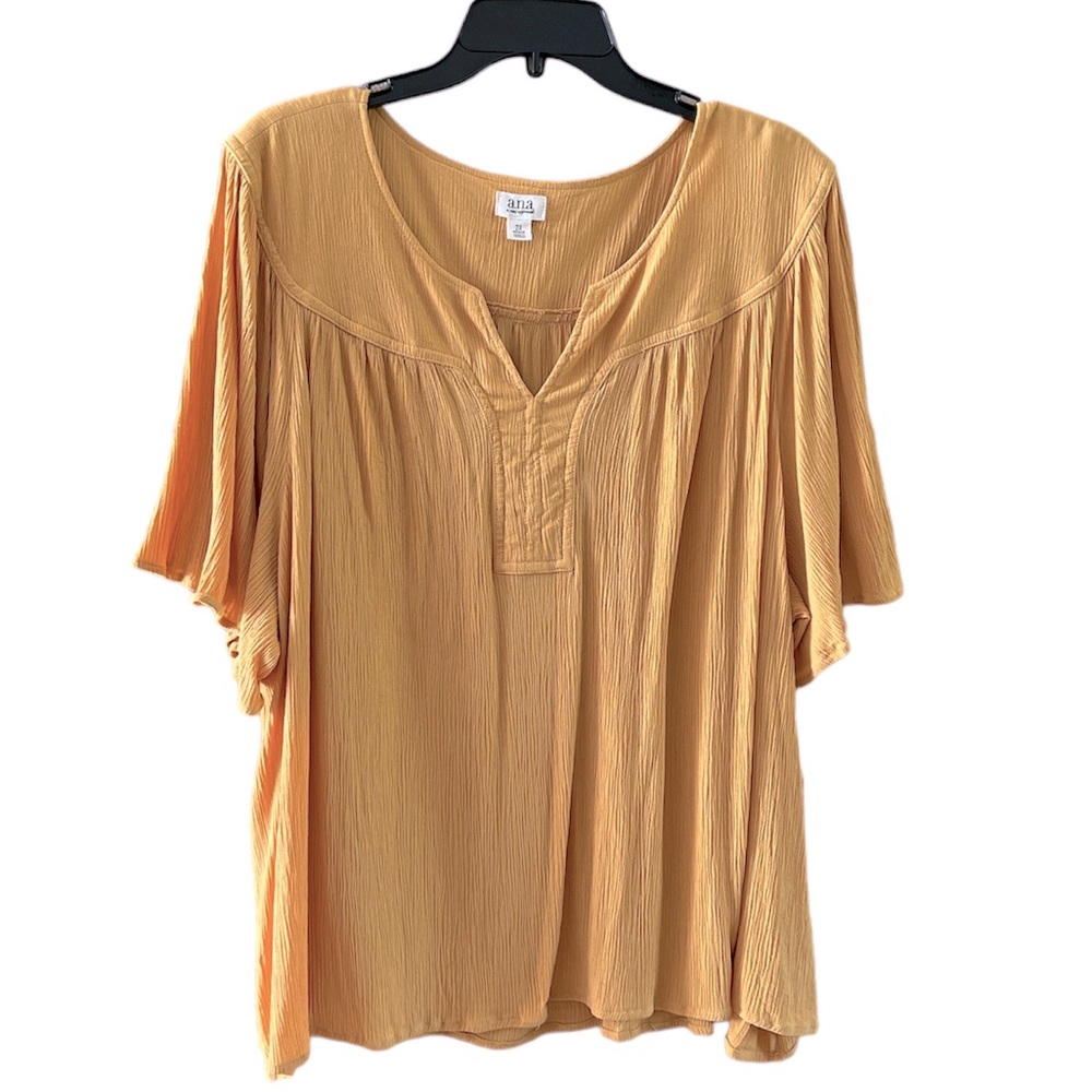 a.n.a A New Approach Gauze V-Neck Blouse Mustard Yellow Split Neck 2X